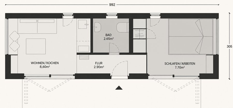 Grundriss der Tinca Cabin: Wohnen und Kochen, Flur, Bad und Schlafen/Arbeiten auf 992 mal 305 cm, Terrasse vor der Längsseite