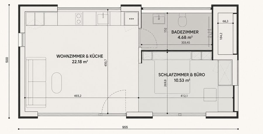 Grundriss des Modulhauses TR01: offenes Wohnzimmer mit Küche, Schlafzimmer mit Büro und Badezimmer, Maße in cm