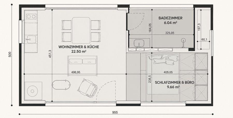 Grundriss des Modulhauses TR02: offenes Wohnzimmer mit Küche, Schlafzimmer mit Büro und Badezimmer, Maße in cm