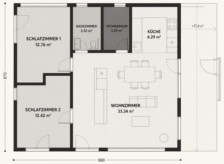 Grundriss des Modulhauses TR3M: zwei Schlafzimmer, Badezimmer, Technikraum, Küche und offenes Wohnzimmer, Terrasse an der Längsseite