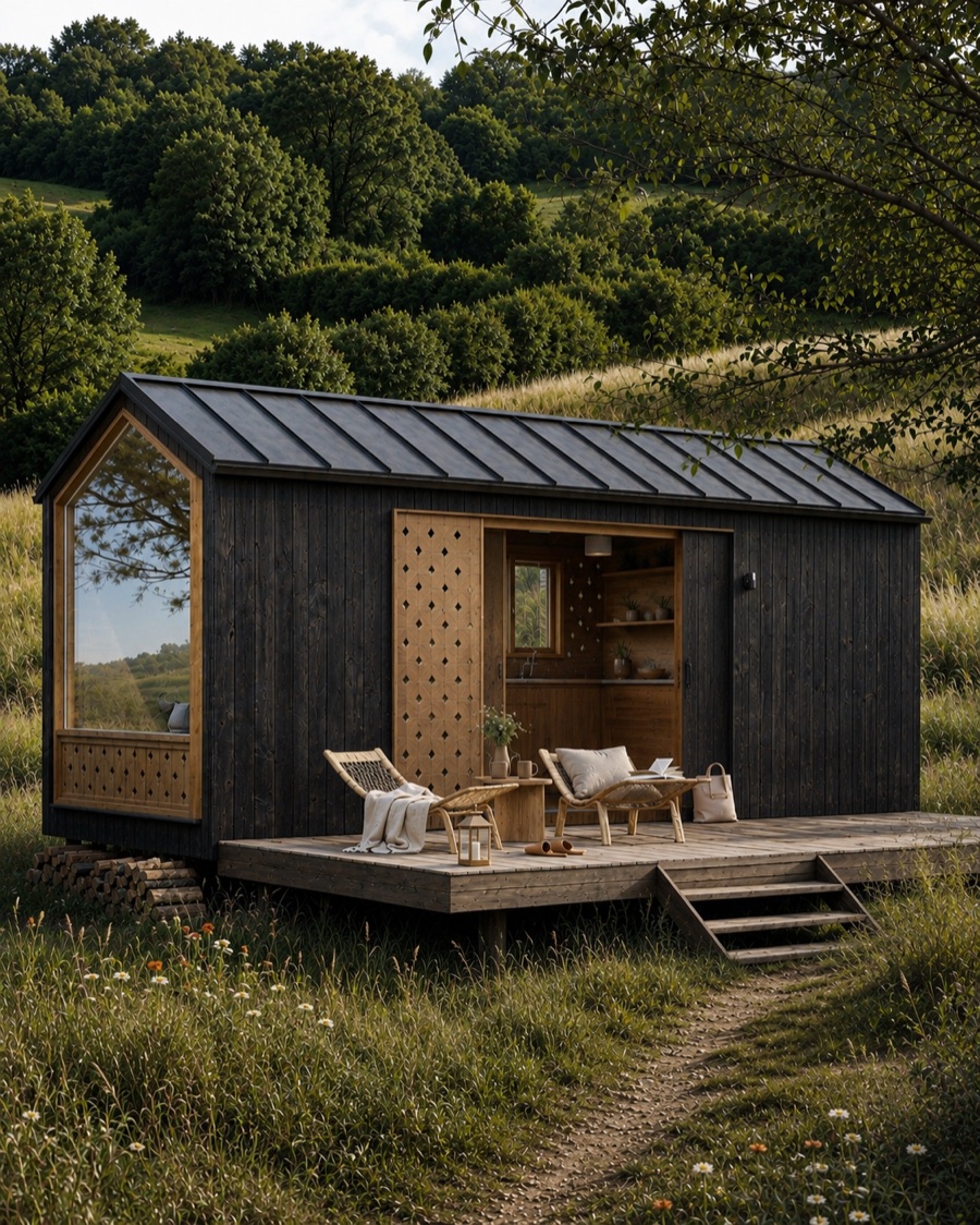 Visualisierung des THOW 2: dunkles Tiny House in einer nebligen Wiese, geöffnete Tür, Terrasse mit Liegestühlen