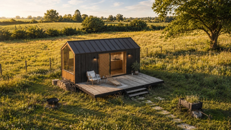 Visualisierung des Tiny House THOW 2 mit dunkler Holzfassade und Terrasse in einer Wiesenlandschaft