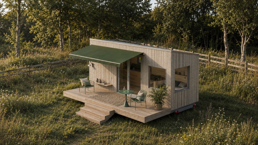 Visualisierung des Tiny House THOW 3 mit heller Holzfassade und grüner Markise am Waldrand