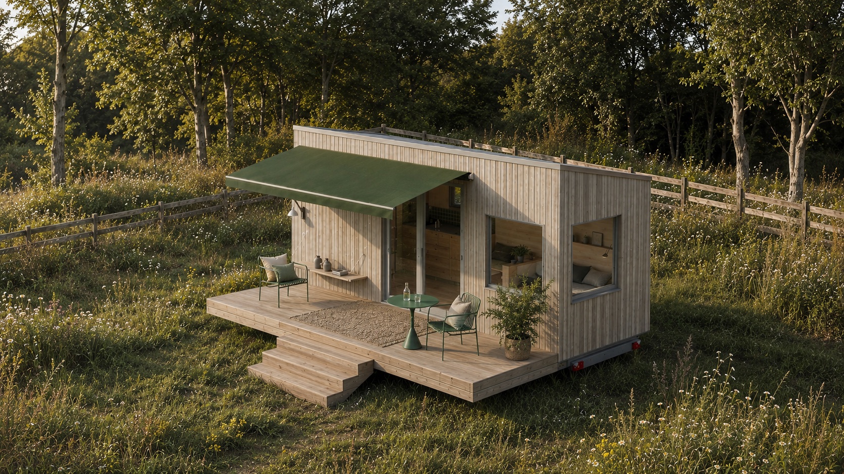 Visualisierung des THOW 3: Tiny House mit ausgestellter grüner Markise über der Terrasse, Wildblumenwiese am Waldrand