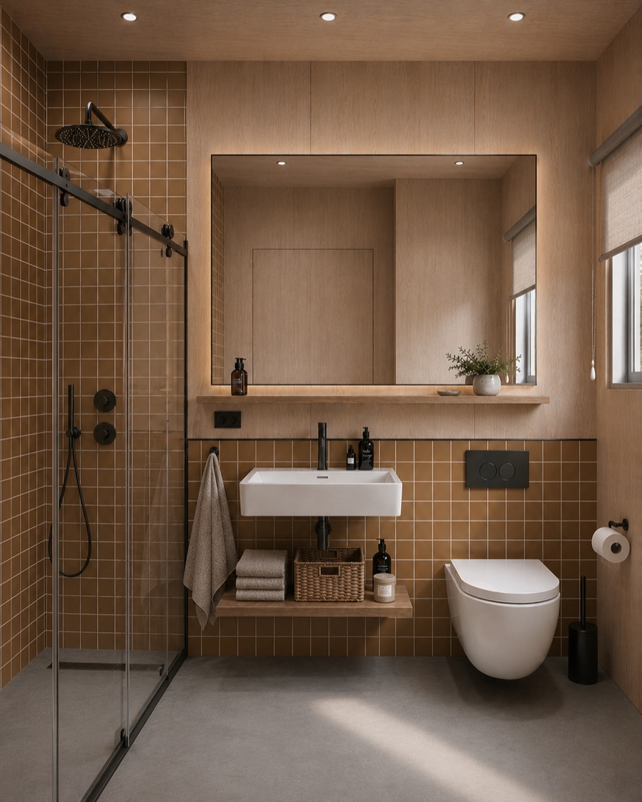 Visualisierung des THOW 3: Bad mit oxblutbrauner Fliesenwand in der Dusche, ovalem Spiegel, weißem Waschbecken und WC