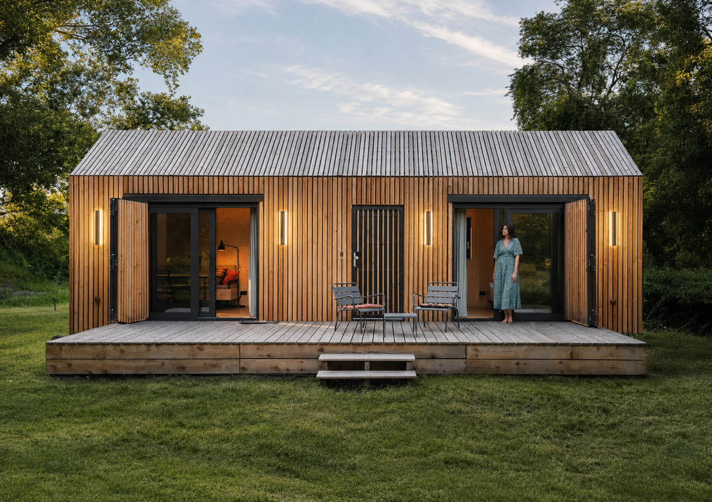 Frontfassade der Tinca Cabin mit vertikalen Lärchenlamellen, zwei verglasten Türen und Terrasse mit Stufen, eine Bewohnerin in der Tür