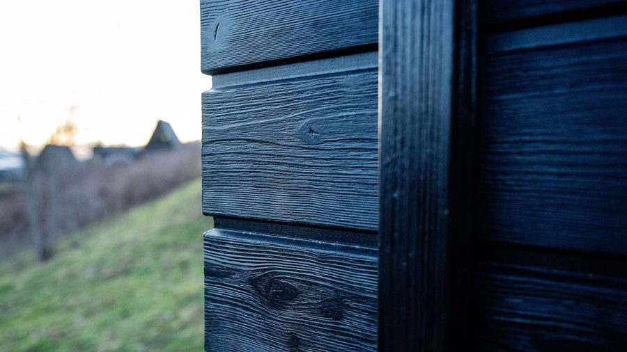Detail der dunklen Holzfassade des TR01 in der Abendsonne, Wiese im Hintergrund