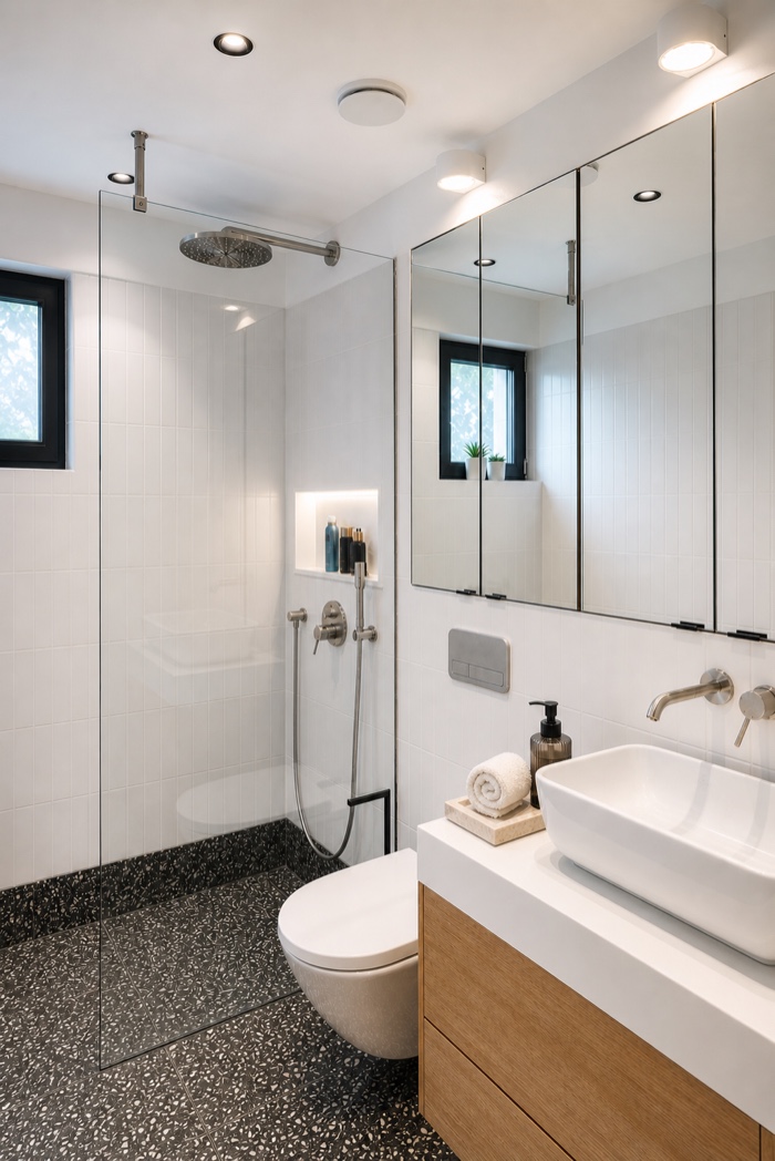 Fertiges Badezimmer im TR3M mit bodengleicher Glasdusche, Eichenwaschtisch, Terrazzoboden und gerolltem Handtuch am Waschbecken
