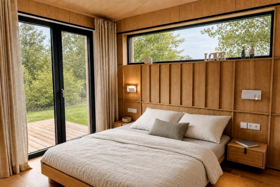 Fertiges Schlafzimmer im TR3M mit Eichenwand und direktem Gartenzugang