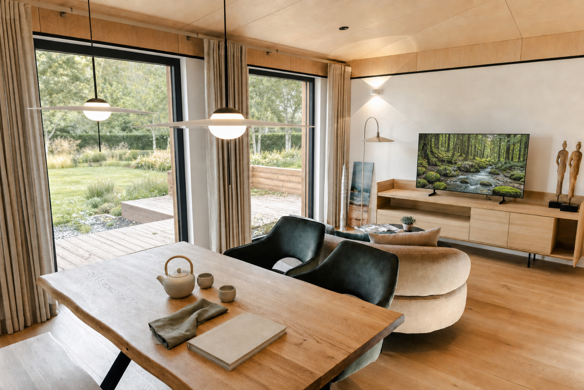 Blick über den Esstisch in den offenen Wohnraum des Musterhauses TR3M, Wohnen auf einer Ebene, zwei große Fenster mit Terrassenblick